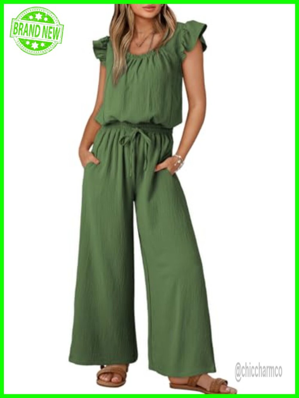 Dokotoo Women's Ruffle Sleeve Square Neck Jumpsuit Drawstring Wide Leg